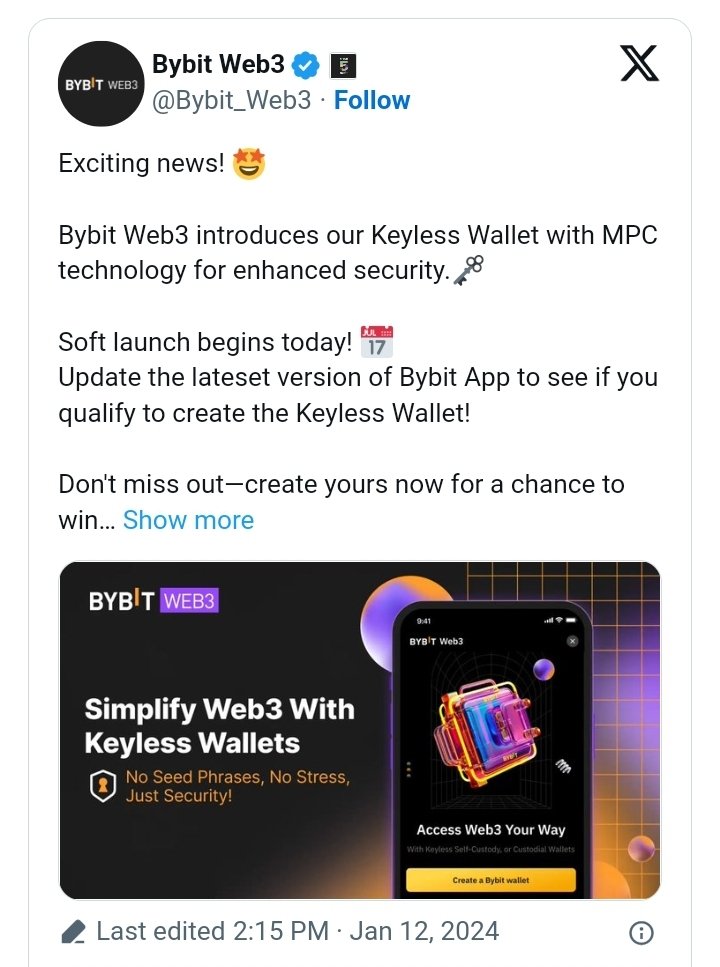 Soheil_SBabaei's tweet image. In a January 11 press release, the popular cryptocurrency exchange #Bybit confirmed the introduction of a new #keyless #cryptowallet in the crypto market. The new sophisticated keyless crypto wallet appears amid the rise of #Crypto and #NFT scams. 
#NFT #NFTs