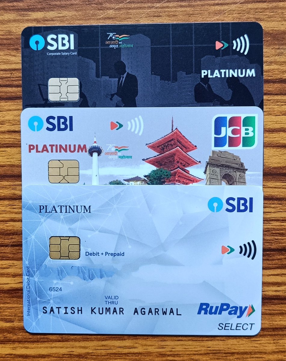 iSatishAgarwal's tweet photo. SBI Rupay Select Debit Card 💳 

✔️Delivered today
✔️3rd Rupay DC in 20 days
✔️Blocked top 🖤 colored one

✔️Keeping 2 as active Cards:
1️⃣CSP Platinum Rupay Select
2️⃣Rupay JCB Platinum

✔️SBI Rupay Select DC benefits thread 🔜

#dcgeek
#dcgeeks
#SalaryAccount

P.S.: Branch selected wrong options. Hence other Card variants got delivered