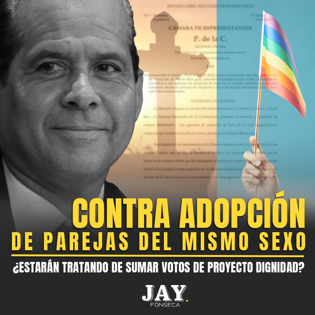 jayfonsecapr's tweet photo. 🙅‍♂️ El representante del PNP, Jorge “Georgie” Navarro Suárez, presentó una medida que busca permitir que organizaciones religiosas se nieguen a ofrecer servicios de adopción a parejas del mismo sexo.

🔍 El Proyecto de la Cámara 1982 busca enmendar la Ley de Adopción de Puerto Rico para conceder inmunidad legal a las agencias de adopción de base de fe cuando declinen procesos de adopción para parejas del mismo sexo.

🗣️ "Esta legislación se fundamenta en la Primera Enmienda de la Constitución de los Estados Unidos, que protege la libertad de religión", indicó Navarro Suárez.

⚖️ Sin embargo, activistas de la comunidad LGBTQ consideran la medida como inconstitucional y un intento de legalizar la discriminación en la adopción a las parejas LGBTQ+.

💍👬👭En junio de 2023, la Corte Suprema de Estados Unidos, en una decisión de 6-3 liderada por el juez Neil Gorsuch, respaldó a una diseñadora web cristiana de Colorado que se niega a crear sitios para bodas LGBTQ+ por objeciones religiosas y antes un repostero también se negó vender un bizcocho de bodas a una pareja del mismo sexo recibiendo el amparo de la Corte Suprema.

¿Qué piensas de esta medida de Georgie Navarro? ¿Estará buscando votos del Proyecto Dignidad?

#ParejasDelMismoSexo #adopcion
