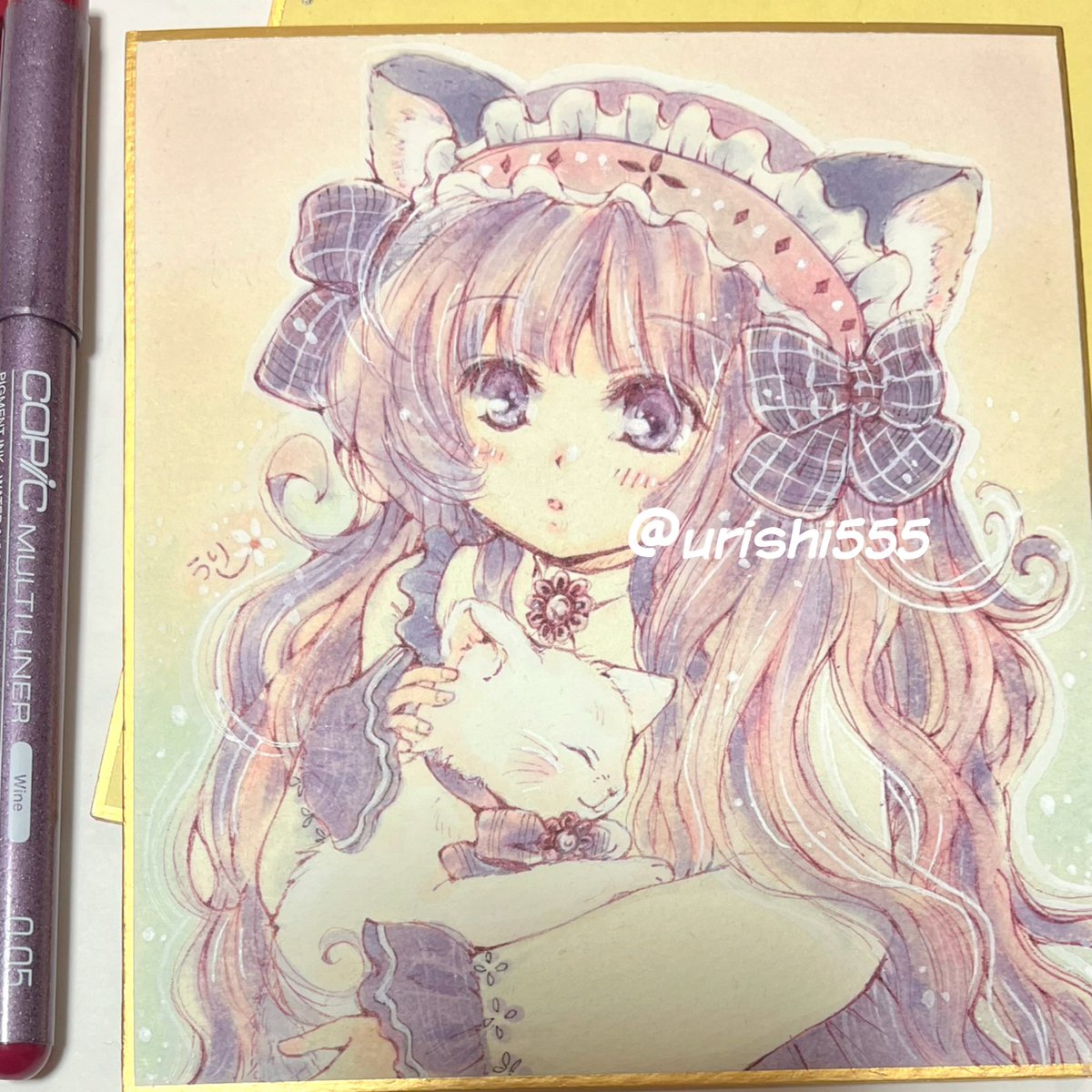 #幸せな人形の日々 展用1/4色紙
1/4色紙完成☺️♪目線下向き(久々かも..)ハイライトと黒目の位置で悩みましたw

今日作品を発送してしまったので📦🐈‍⬛⸒⸒⸒⸒
こちらは⬇️追納したいです(՞˶･֊･˶՞)🌼*･
 #コピック #線画  #ケモ耳 #ねこ耳
 #オリジナルイラスト #創作