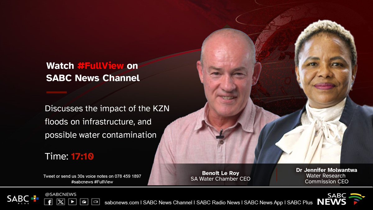 [COMING UP] on #FullView <a href="/benoitleroy123/">Benoit Le Roy</a> and Dr Jennifer Molwantwa will discuss the impact of the KZN floods on infrastructure, and possible water contamination. #SABCNews