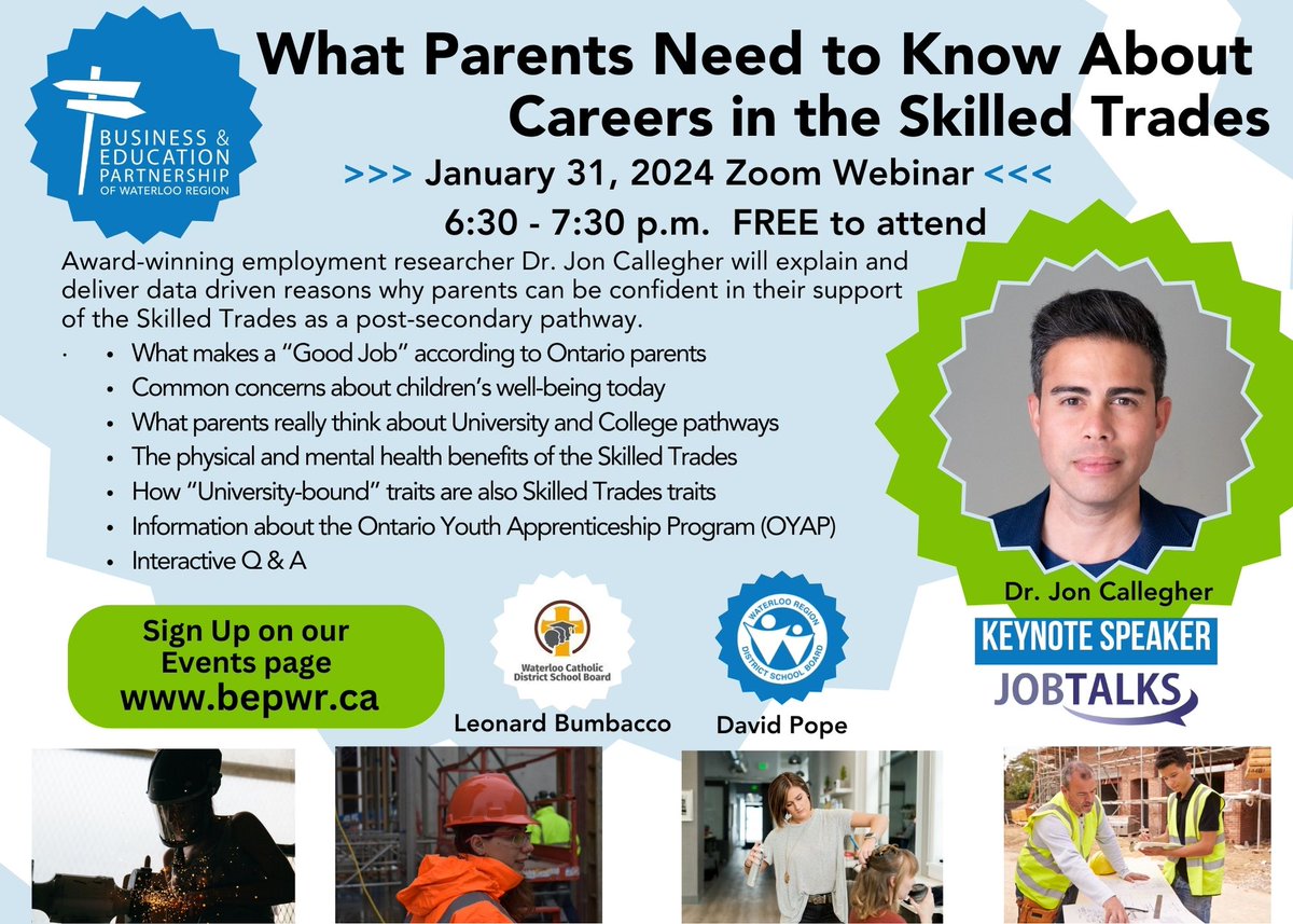 WaterlooCDSB's tweet photo. 📅Free Webinar - What Waterloo Region Parents Need to Know About Careers in the Skilled Trades

Date: January 31, 2024
Time: 6:30 PM

🔗 Register:  https://t.co/jmanJDTN4k https://t.co/s7Kmg8ytAT