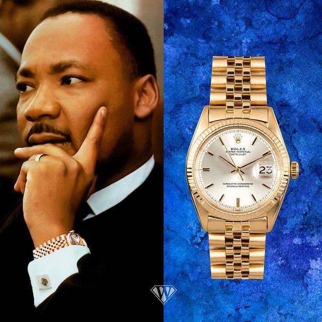 Dr. Martin 'i have a dream' Luther King Jr  with the 36mm Rolex Date just 1601 with a champagne dial featuring a fluted bezel on a jubilee bracelet.

Price market: $15,000.00 USD #MLK #watches #rolex #WristCheck #MLKDay