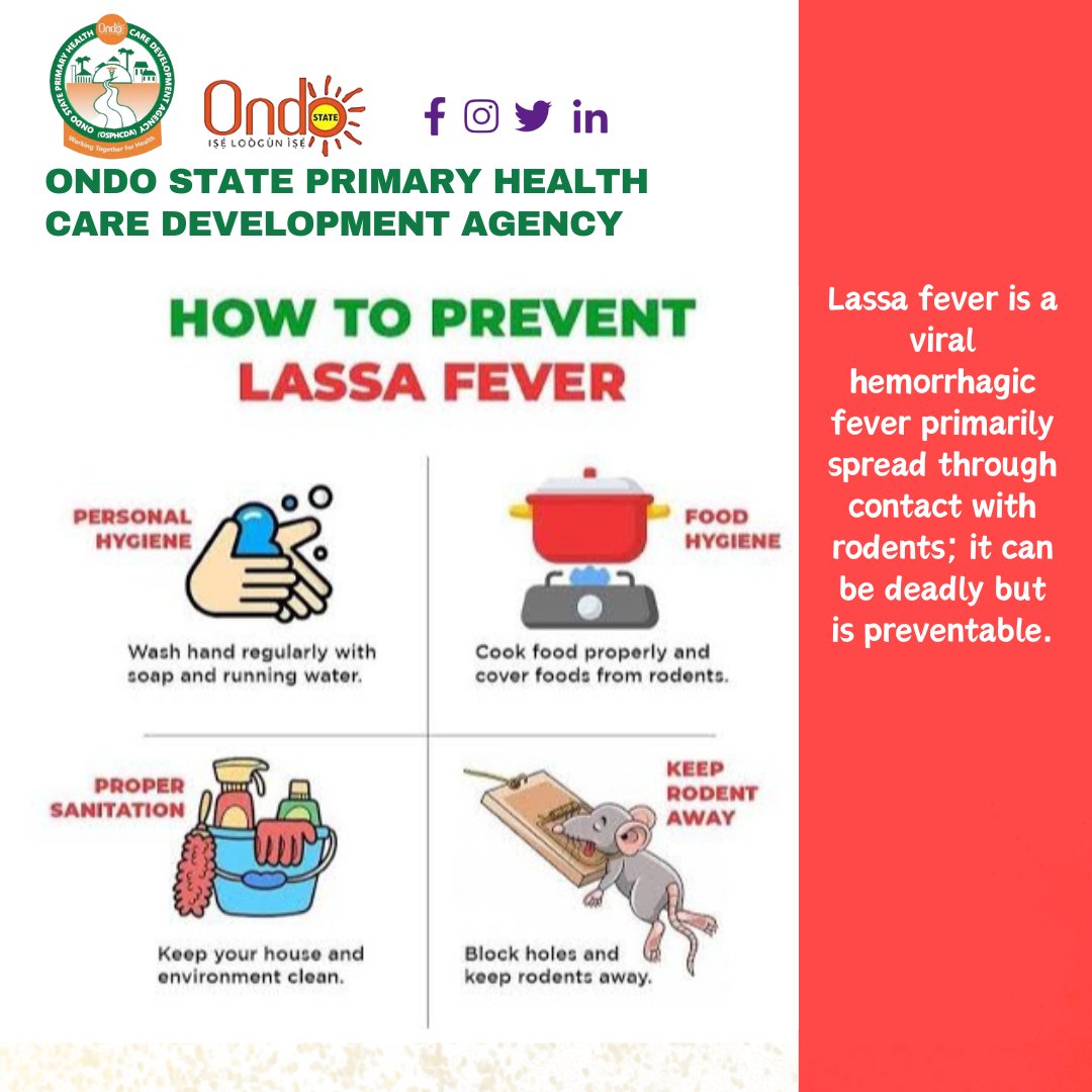 #Lassafever infection can be prevented with the right measures in place. To prevent the spread of #Lassafever ➡️Practice good hygiene ➡️Maintain a clean environment ➡️Block all holes in your house to prevent entry of rodents ➡️Ensure proper disposal of garbage #LassaFever