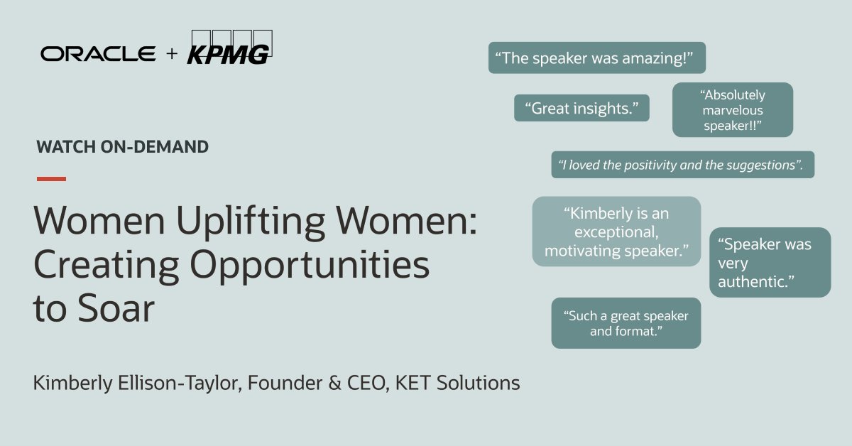 Glowing feedback from the first #Oracle + #KPMG Women in Finance and Operations interactive webinar featuring an inspiring keynote by @kellisontaylor. Watch now and sign up for the next sessions to join the live breakout rooms. 
social.ora.cl/6019RAmMb