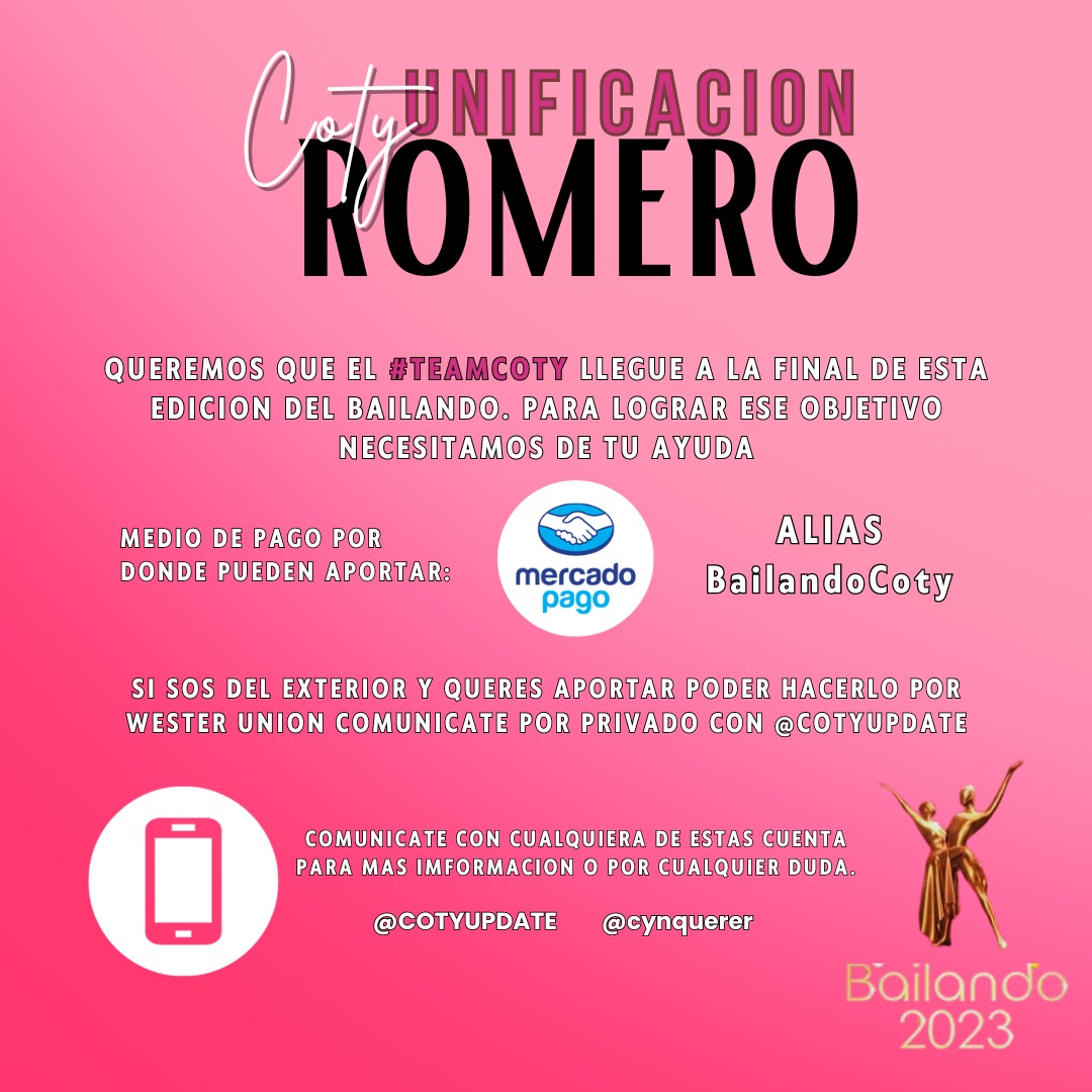 cotyupdate's tweet photo. 📢| ultimas dos semanas del bailando ahora mas que nunca necesitamos de su apoyo para sacar campeona a coty del bailando 2023 , les dejamos la unificación de coty no importa si pueden aportar mucho o poco cada aporte la ayuda 💗. https://t.co/bQKSE5nsoz