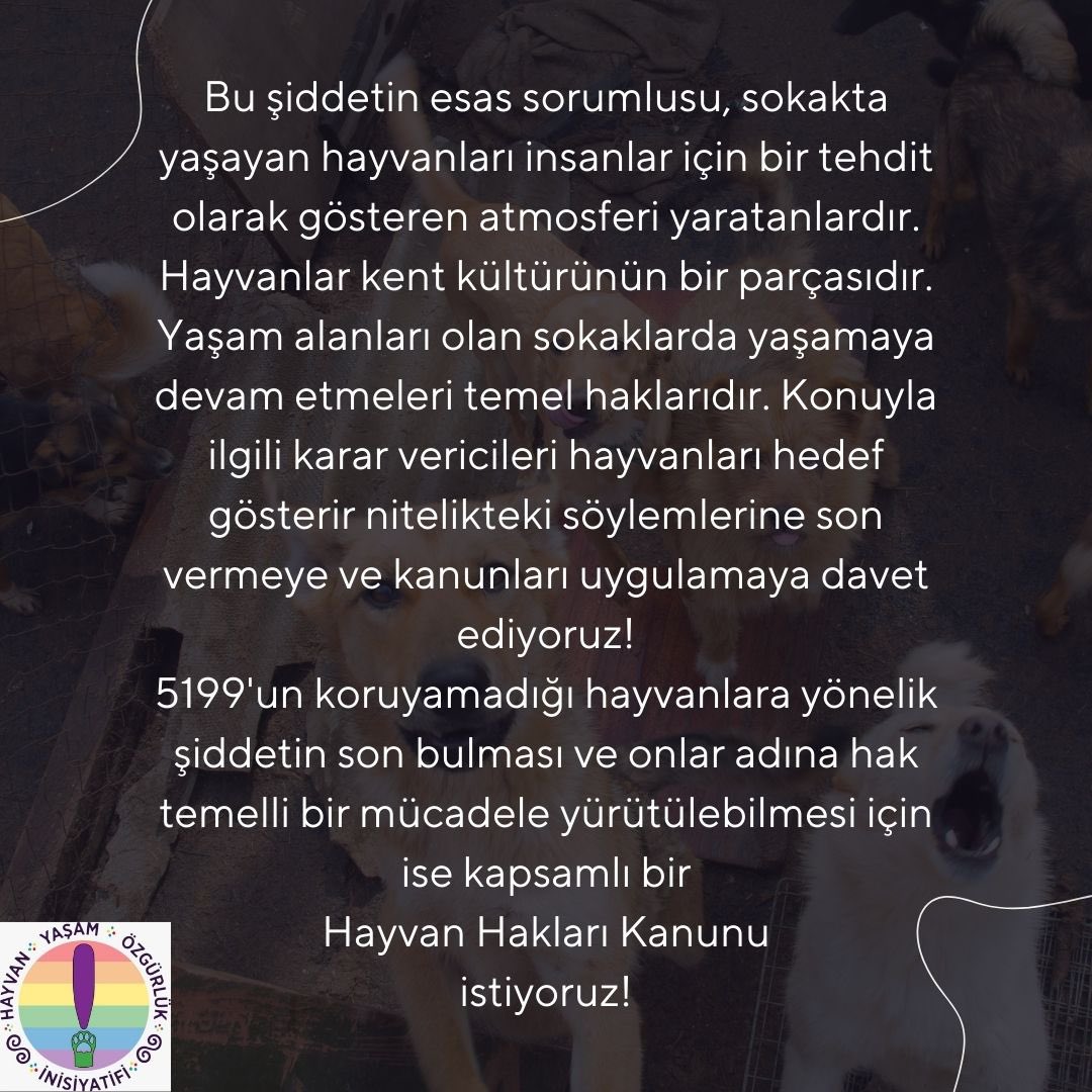 Karar vericileri hayvanları hedef alan söylemlerini durdurmaya ve kanunları uygulamaya davet ediyoruz!

#hayvanhaklarıyasasıhemen 
#hayvanhakları