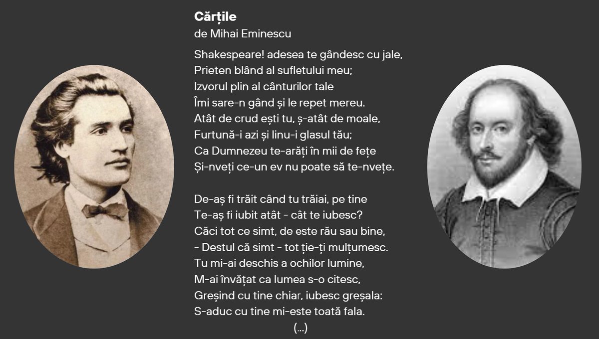 Today is 🇷🇴National Culture Day, evoking also the birthday of our national poet Mihai Eminescu. As culture transcends boundaries, we find remarkable ties - Eminescu was inspired by Shakespeare and dedicated to him the poem Cărțile, describing him as ”gentle friend of my soul”.