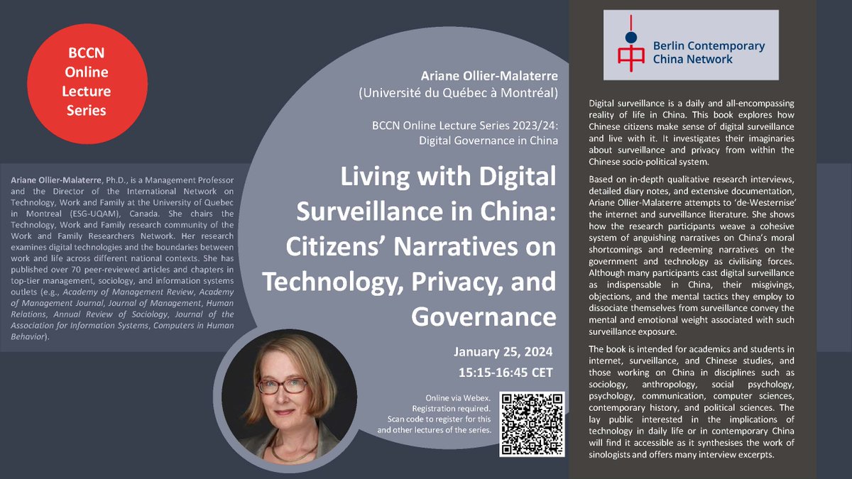 Ariane Ollier (@arianeollier) on Twitter photo January 25, 9:15 EST, 15:15 CET: I'll be presenting my book *Living with #Digital #Surveillance in #China: Citizens' #Narratives on #Technology, #Privacy and #Governance* for the <a href="/BerlinBCCN/">Berlin Contemporary China Network (BCCN)</a> <a href="/Genia_Kostka/">Genia Kostka</a>
Register: berlincontemporarychinanetwork.org/events
<a href="/ESGRecherche/">ESG UQAM Recherche</a> <a href="/UQAM/">UQAM | Université du Québec à Montréal</a> <a href="/WFRN/">WFRN</a> #qualresearch January 25, 9:15 EST, 15:15 CET: I'll be presenting my book *Living with #Digital #Surveillance in #China: Citizens' #Narratives on #Technology, #Privacy and #Governance* for the <a href="/BerlinBCCN/">Berlin Contemporary China Network (BCCN)</a> <a href="/Genia_Kostka/">Genia Kostka</a>
Register: berlincontemporarychinanetwork.org/events
<a href="/ESGRecherche/">ESG UQAM Recherche</a> <a href="/UQAM/">UQAM | Université du Québec à Montréal</a> <a href="/WFRN/">WFRN</a> #qualresearch