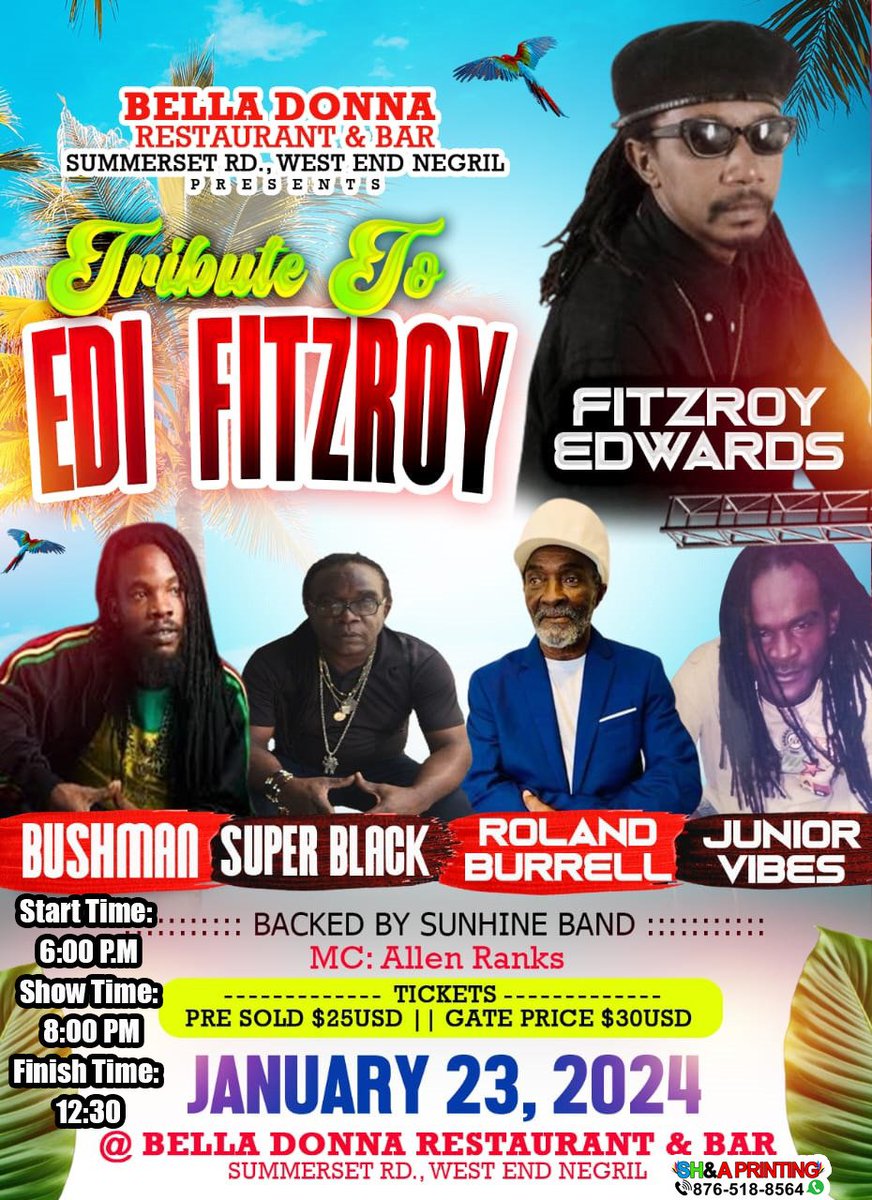 NyahManBushman's tweet photo. Negril! Head over to BellaDonna next Tuesday Jan 23rd! Bushman performs LIVE! Showtime 8pm. #Westend #negril #bushman #nyahmanbushman #reggaemusic Tribute to #EdiFitzroy @NyahManBushman https://t.co/6chyoKUlVe