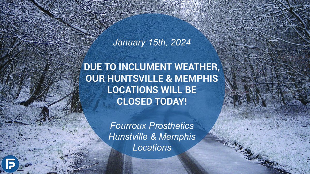 FourrouxPro's tweet photo. ❄ Oh Snow! ❄

Due to the inclement weather, our Huntsville &amp; Memphis locations will be closed today.  If you need immediate assistance, call (888) 810-6220.

Thank you, and stay safe!  🥰 https://t.co/TEhyCV4ftD