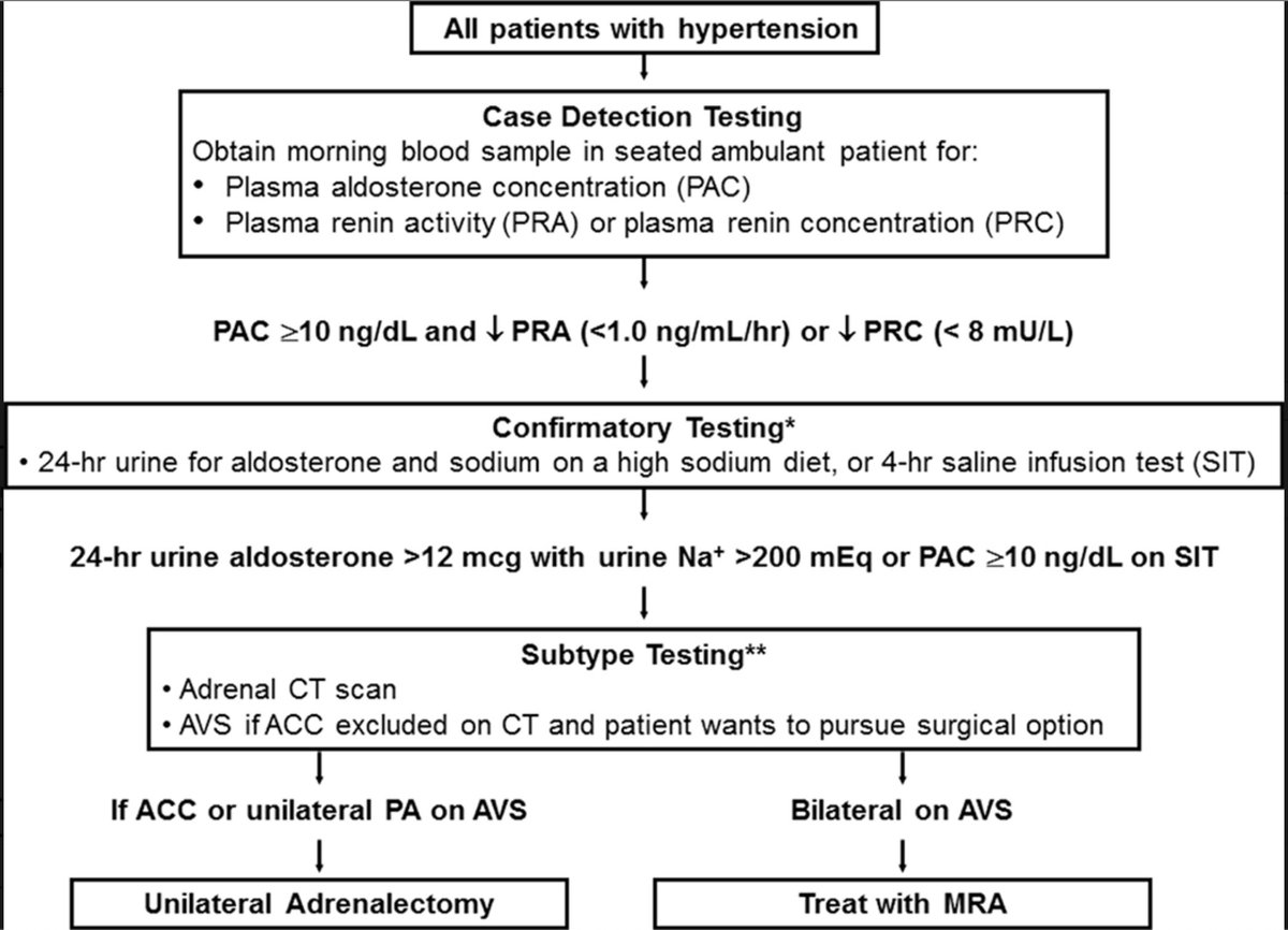 Primary aldosteronism is incredibly common and underdiagnosed

🔹5-10% in those with hypertension
🔹20-50% with treatment-resistant hypertension.

All those with hypertension should be screened following this algorithm