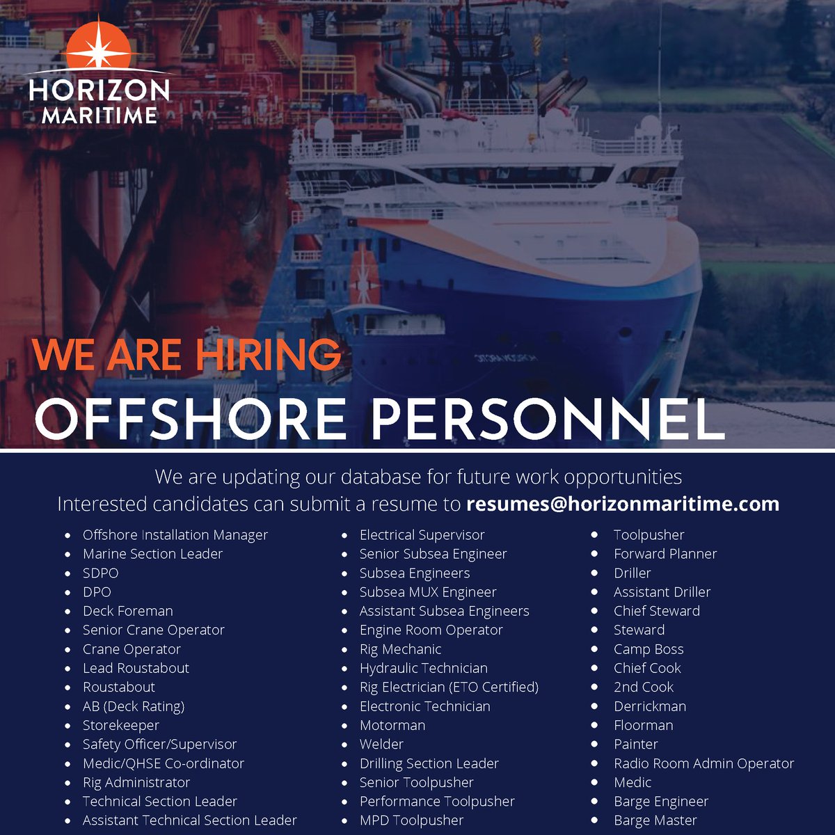 HorizonOffshore's tweet photo. We are hiring offshore personnel and updating our database for future work opportunities! Interested candidates can submit a resume to resumes@horizonmaritime.com. https://t.co/XGoaUiAvOC