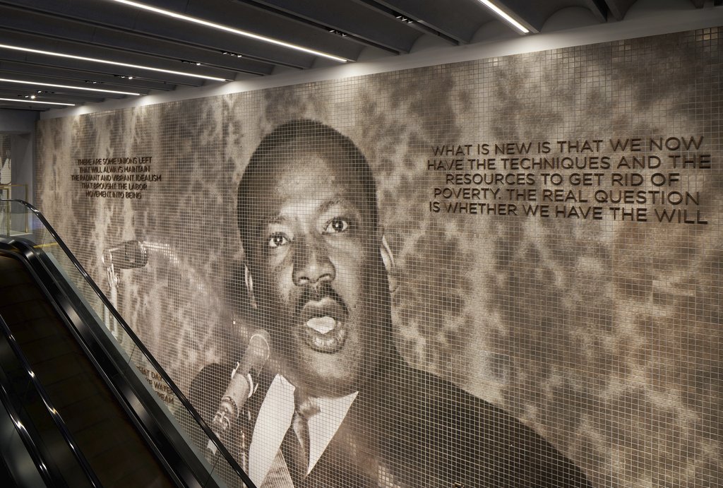 Today we honor the life and legacy of Dr. Martin Luther King Jr. Here he is depicted delivering his ‘Salute to Freedom’ speech on the ceramic mural walls of the @1199SEIU United Healthcare Workers East’s member space. ⁠ #adjayeassociates #mlk #1199SEIU