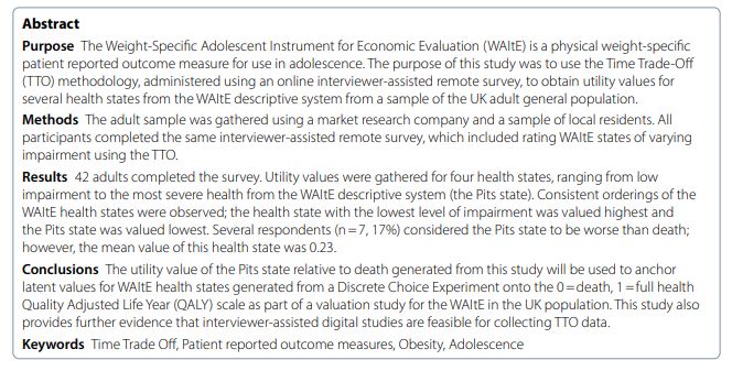 New paper in @JPRO_ISOQOL: 'Valuing selected WAItE health states using the Time Trade-Off methodology: findings from an online interviewer-assisted remote survey' by @TomosRobinson1, Sarah Hill, @OrozcoGiovany, @ashkerno, Will King & Yemi Oluboyede #healtheconomics
