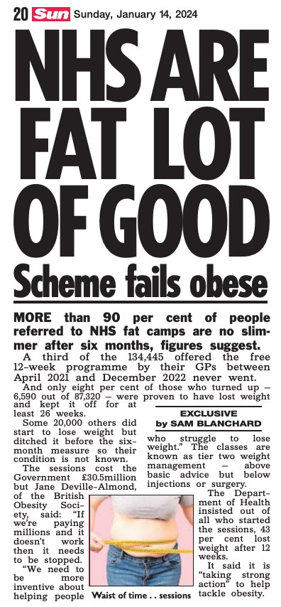 Out of 134,000 people sent to NHS slimming classes only 6,590 (5%) made it to the six-month follow up having lost any weight thesun.co.uk/health/2535329… @Obesitysoc