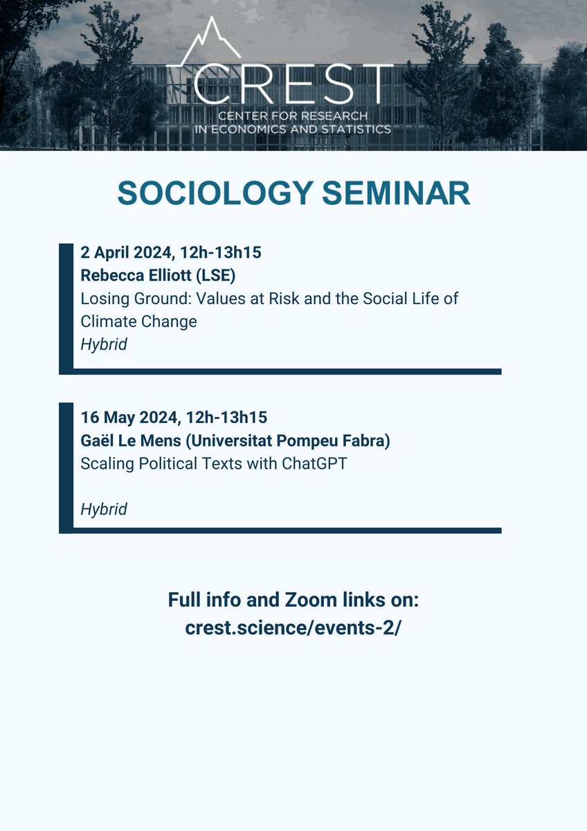 CrestSociology's tweet photo. And we're BACK! Come and join us in person or on the internet for the CREST Sociology seminar 2024! All-star  line-up featuring @CarolineBertron @m_thompson @RebsFE @gael_lemens and our own @leapessin! https://t.co/W6ZPojRsP6