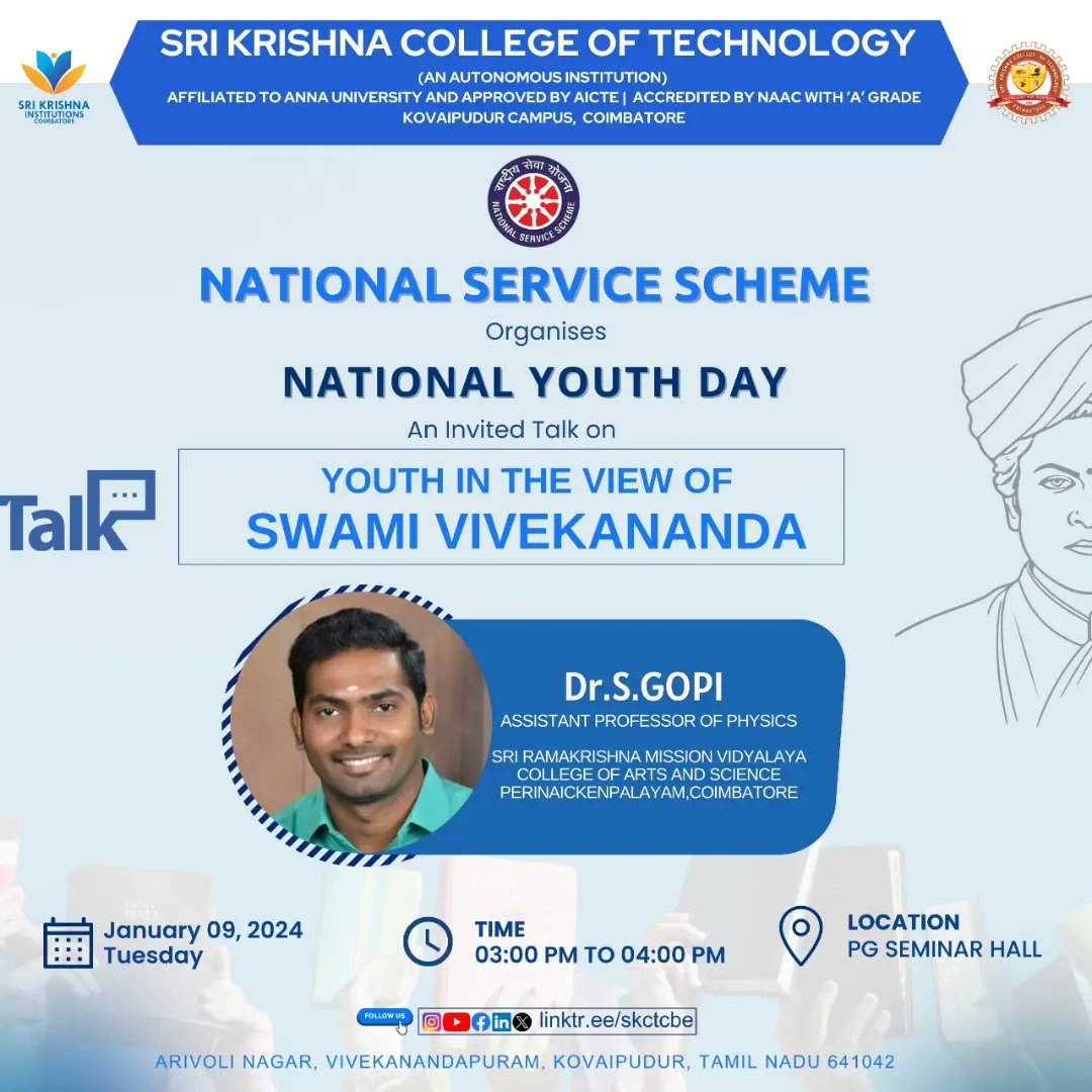 sh_skct's tweet photo. National Service Scheme organised an invited talk on *Youth in view of Swami* *Vivekananda* as part of *National Youth Day* on 09.01.2024.

 *Resources Person* 
Dr.S.Gopi,
Assistant Professor,
Department of Physics,
Ramakrishna Mission Vidyalaya college of Arts and Science, https://t.co/5bOVnSALJA