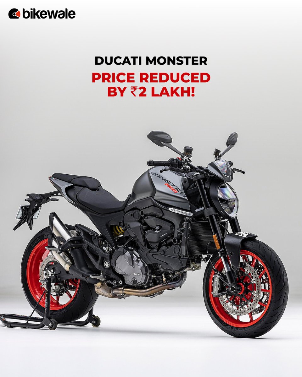 BikeWale's tweet photo. #DucatiIndia has slashed the price of #Monster by ₹2 lakh, ex-showroom, Delhi price now at ₹10.99 lakh as opposed to ₹13.05 lakh previously. The price of #MonsterPlus, the one above the standard, is ₹11.19 lakh after factoring in the discount.
#BWNews https://t.co/LffVW3JJel