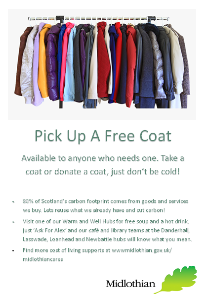 As part of the #MidlothianCares initiative, we're happy to announce the launch of a FREE Coat collection point at Dalkeith Library. Anyone can come in and take one if needed; we have adult and child sizes. Donations welcome 🙂