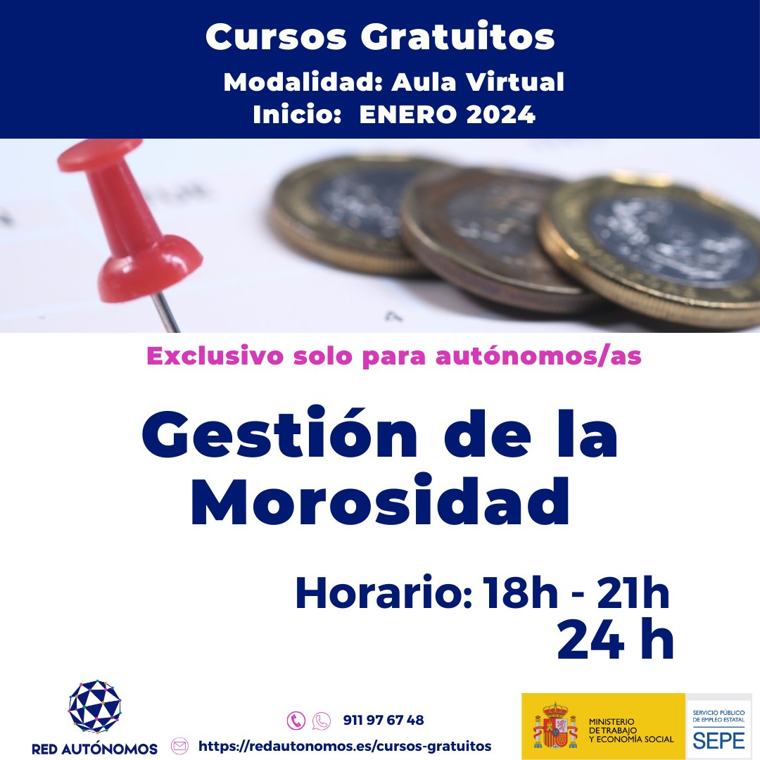 <a href="/FcoFerrera/">Francisco A. Ferrera</a> <a href="/ArriazaNani/">Nani Arriaza</a> <a href="/SolangeJarquin/">✳️ Solange Jarquín 💚🤍🖤</a> <a href="/RedAMigracion/">Red Autónomos - Refugiados y Migrantes</a> <a href="/RedAutonomosExt/">Red Autónomos - Extremadura 💚🤍🖤</a> <a href="/acelerapymeCC/">Oficina Acelera Pyme Rural Cáceres</a> <a href="/espanavaciadaVA/">España Vaciada Valladolid</a> <a href="/extremeneria/">Extremeñería 💚🤍🖤</a> <a href="/provivienda_org/">Provivienda</a> <a href="/asearco/">Asearco</a> 💡 Curso Gratuito de Gestión de Morosidad 
📆 Inicio: 23 enero
⏳24 horas
💻 Aula Virtual (con horarios)
+info 🔗 i.mtr.cool/lcozmhioii