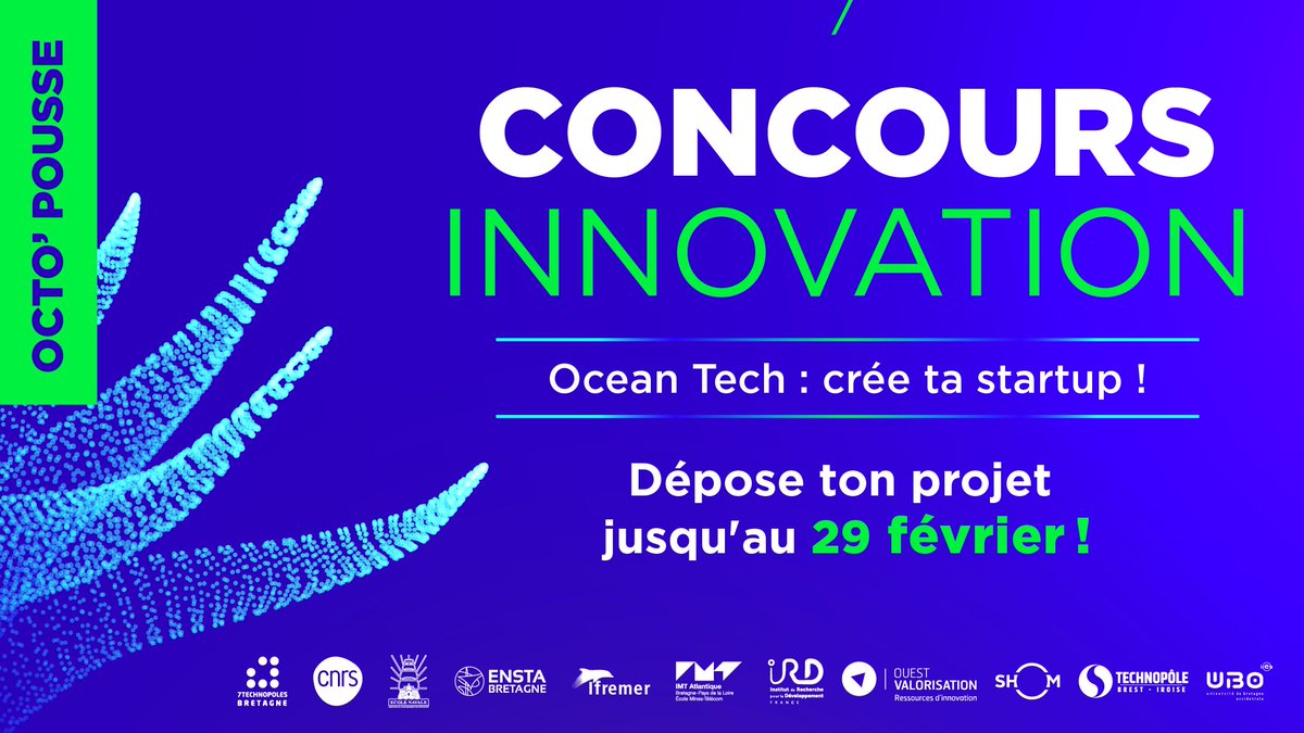 Ifremer_fr's tweet photo. 3, 2, 1, Go ! 🚀 La saison 4 de notre concours d'innovation #OctoPousse 🐙 démarre aujourd'hui !
Et c'est toujours jusqu'à 250 000 € de soutien pour accélérer le développement de votre projet d'entreprise en lien avec l’océan !
📝 Inscription : https://t.co/SZxAwRKFSB https://t.co/dAnx2CI5nB