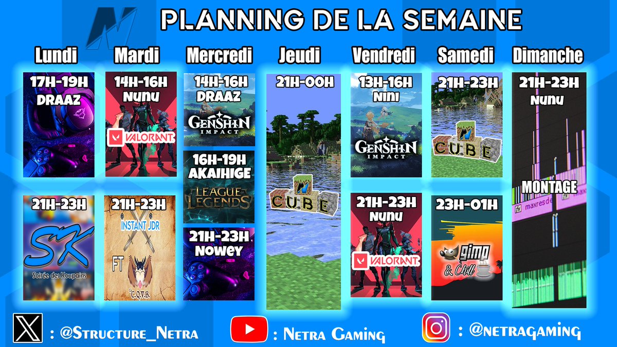 Structure_Netra's tweet photo. [PLANNING WEB TV]  
Voici le planning de cette semaine  avec le retour des émissions : #soiréedeskoupains , de #Instantjdr et du #Netracube  
 sur NetraTV !   
https://t.co/UWXCDp6XCM https://t.co/MTEgK7FaRG