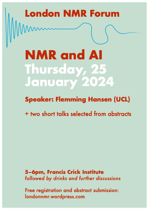 Ten days til the London NMR Forum restarts - 5pm Thursday 25th Jan @TheCrick. Don't forgot to register (free) at londonnmr.wordpress.com. We've also added a sign-up link for a new mailing list to keep up to date with upcoming meetings. #nmrchat #londonnmr