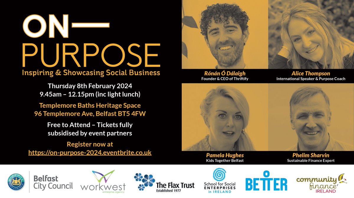 Delighted to launch our forthcoming networking event as part of <a href="/belfastcc/">Belfast City Council</a> #SocialEnterprise &amp; #Cooperative Support Programme.
On Purpose features an amazing line up of speakers sharing their experiences @ Templemore Baths 08/02
Visit tinyurl.com/WWOnPurpose to get your FREE tkt