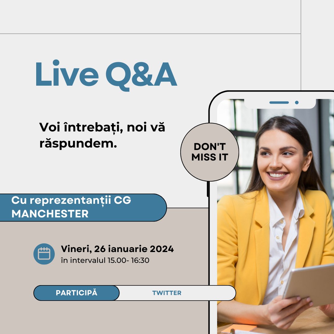 CGROManchester's tweet photo. Continuăm seria de Q&A. 👇
Scrie-ne întrebările tale în secțiunea #Comentarii de la această postare, iar în data de 26 ianuarie 2024 îți răspundem. Poți lăsa câte comentarii vrei. Să curgă întrebările!
#ConsulatulMaiAproapeDeOameni https://t.co/Ggxeju8NkA