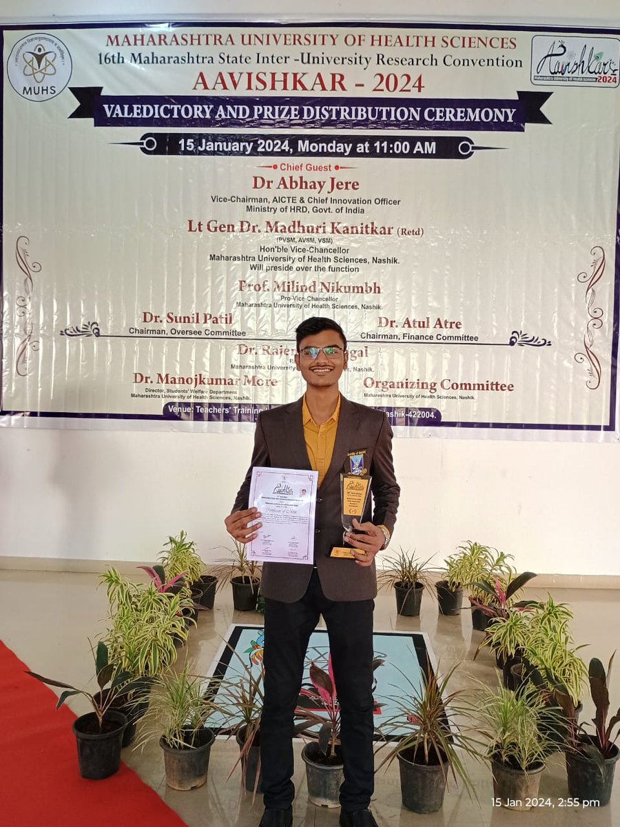 Congratulations to Mr. Om Yadav for winning the Gold medal in the 16th Maharashtra State Inter University Research Convention Aavishkar 2024 at Maharashtra University of Health Sciences! 🥇 #Aavishkar2024 #ResearchExcellence