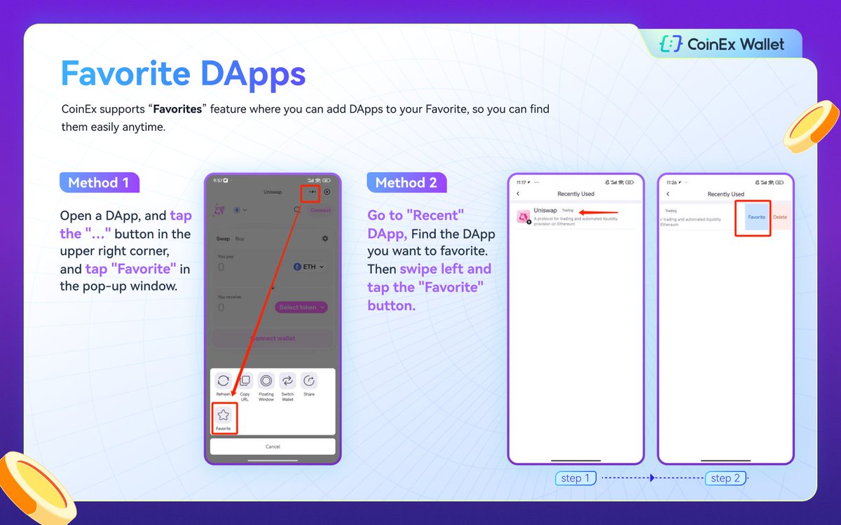 walletcoinex's tweet photo. 📖CoinEx Wallet Academy #LearnToEarn 

Lesson Three: Adding #DApp to your favorite ✅ 

 📲CoinEx Wallet allows adding DApps to Favorites for easy access. Unlock seamless access to your beloved DApps in just a few clicks. 💥 

#CryptoWallet #CoinExWeb3Wallet https://t.co/0VcVGQALBu