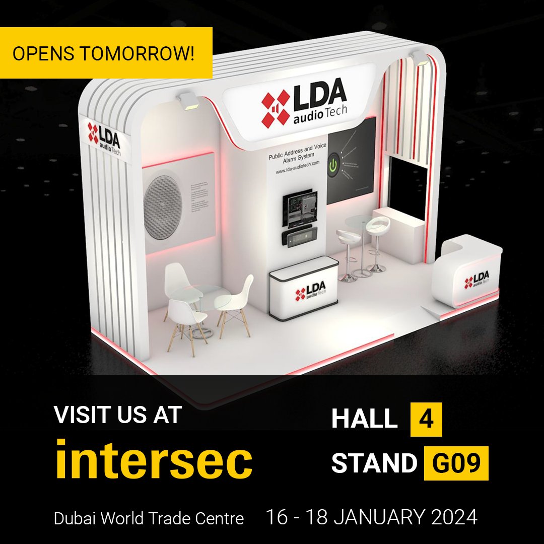 LDAAudioTech's tweet photo. 🔥 @IntersecExpo starts tomorrow, and we have everything ready to welcome you at our booth G-09 in hall 4. Do not miss it!

#LDA #LDAAudioTech #Intersec2024 #Intersec #intersecexpo #25YearsOfIntersec #Dubai #UAE #MiddleEast #tradeshows #intersecexpo #liveexpo #firesafety https://t.co/uEBfnNs1GK