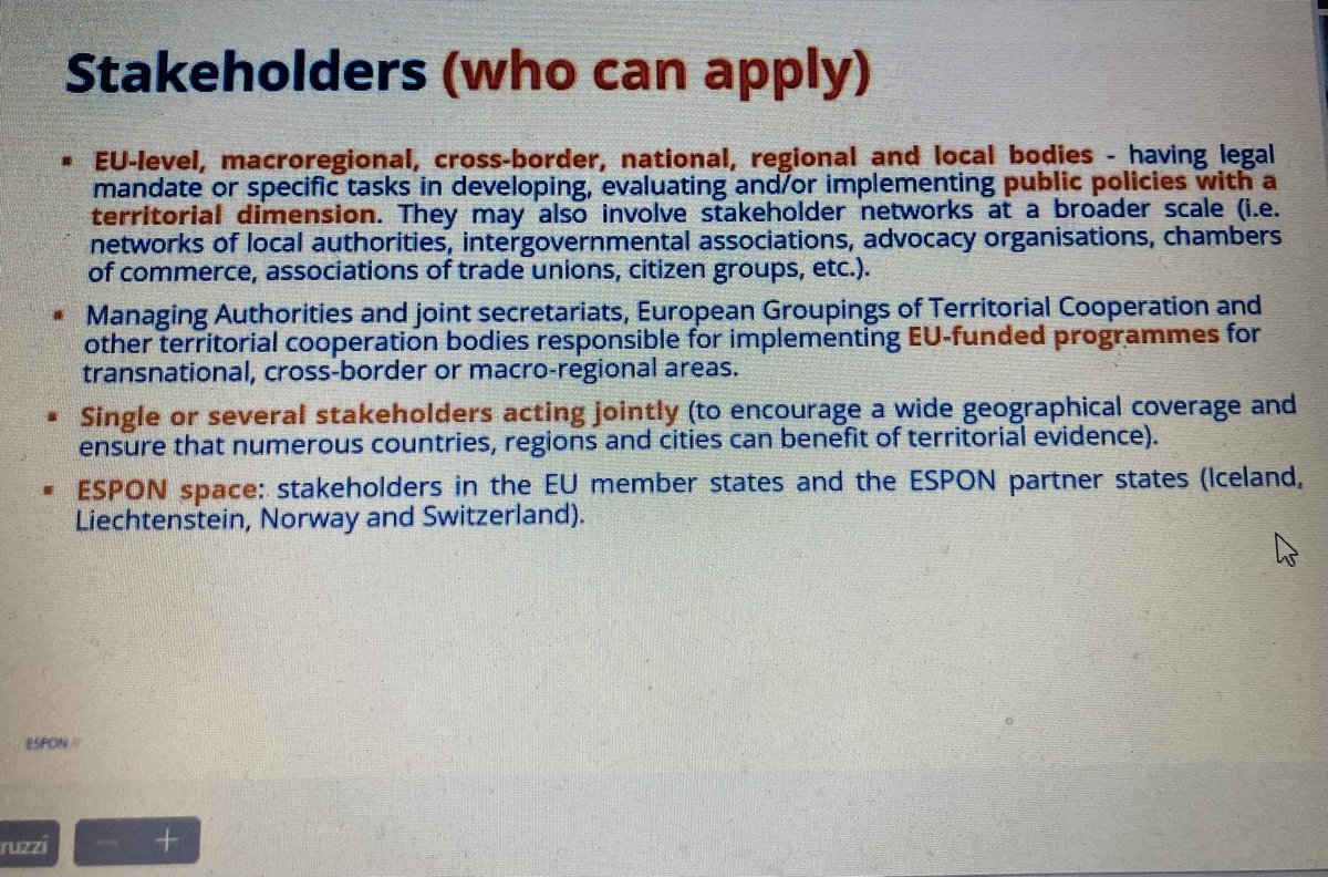 ⁦@ESPON_Programme⁩ webinar this morning on #TargetedAnalysis very informative- providing details on next #funding call deadline, who can apply, the #TAPs under which applications should be framed, how to find partners via LinkedIn, selection criteria, etc. #placebased