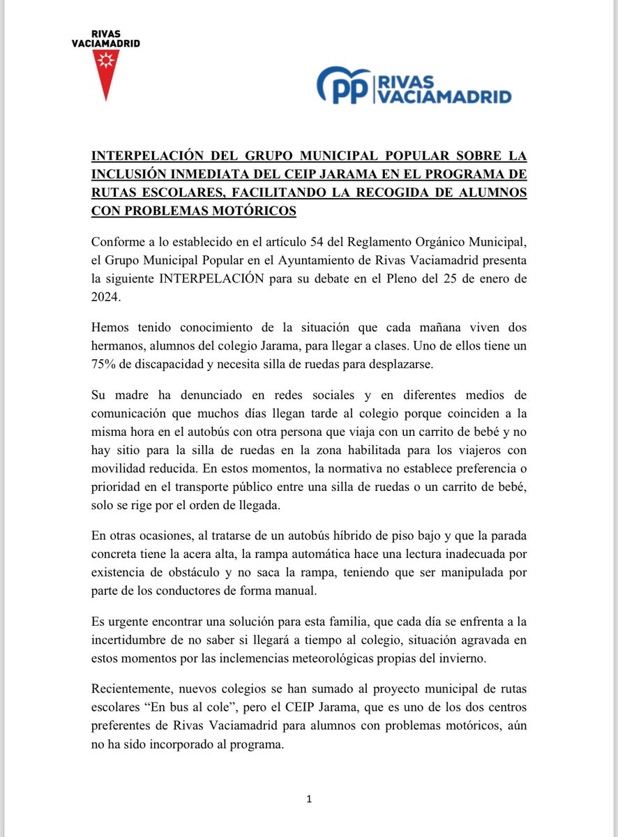 PPopular_Rivas's tweet photo. El Partido Popular ha registrado una iniciativa para que el @AytoRivas incluya de manera inmediata al CEIP Jarama en el programa de rutas escolares para facilitar la recogida de alumnos con problemas motóricos.
Es urgente dar solución a los problemas de Alejandro y su familia ⬇️ https://t.co/UaFxsmP3lt