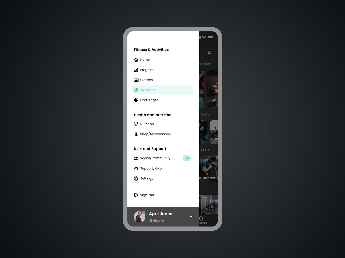 Rachynatty's tweet image. Day 22/30- A sidebar menu for a gym app.
I had to categorize the menu to fit these 3 categories (Fitness & activities, Health & nutrition, User & support)
#Designgate #LearnwithDesigngate #Designgate30DaysUIChallenge #UIChallenge #DesignDay22 #Sidebar #GymApp #UIUX #UIUXDesigner