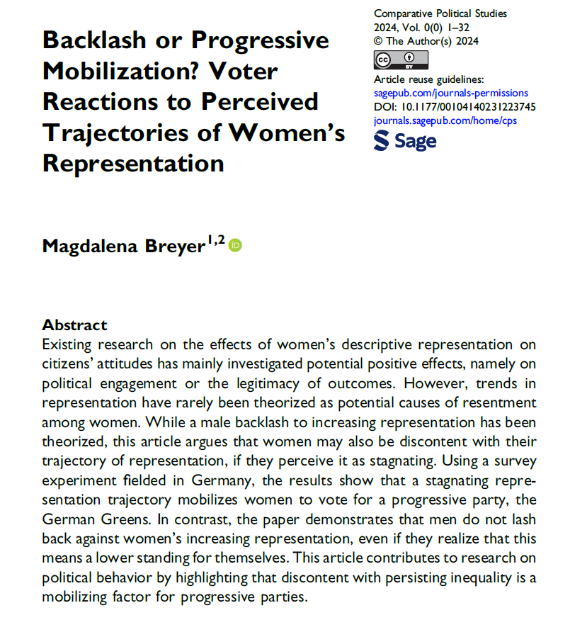 How do voters react to different women's representation trajectories, and what does this tell us about progressive mobilization and backlash dynamics? I tackle this question in a paper that was part of my PhD and is now out in @cps_journal: doi.org/10.1177/001041… 1/7