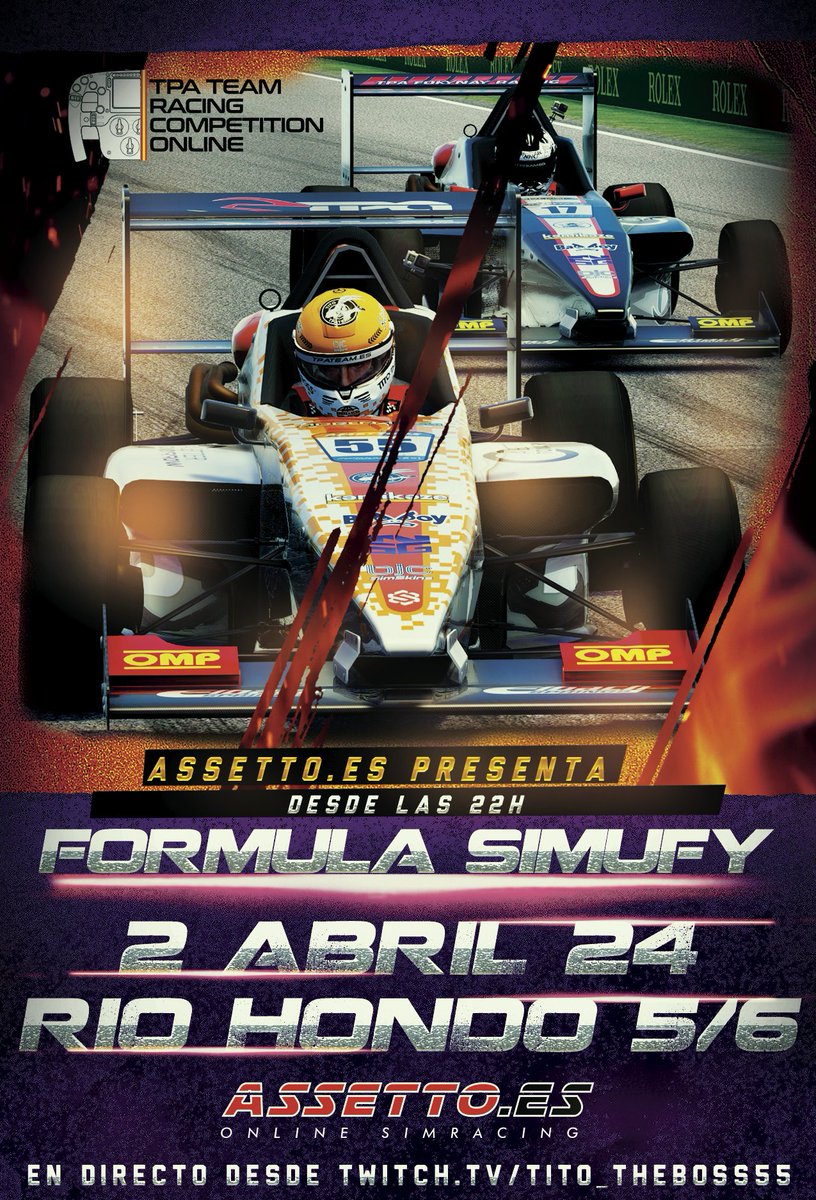 Campeonato Fórmula Simufy en <a href="/Assetto_es/">Assetto.es</a>
con los compañeros de <a href="/TpaTeam/">TPA Team Simracing</a>

🏎️Fórmula Argentina
🏁Termas de Rio Hondo 5/6
🚦Qualy: 22:10h
🚦Race: 22:35h
🎥Onboard TITO: twitch.tv/tito_theboss55
📺Multicámara: tpateam.es/index.php/dire…