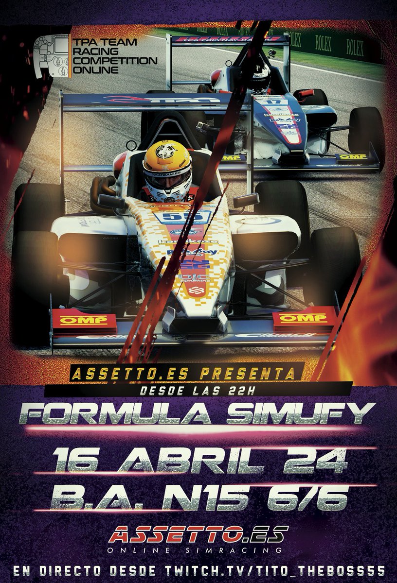 Campeonato Fórmula Simufy en <a href="/Assetto_es/">Assetto.es</a>
con los compañeros de <a href="/TpaTeam/">TPA Team Simracing</a>

🏎️Fórmula Argentina
🏁Buenos Aires nº15 6/6
🚦Qualy: 22:10h
🚦Race: 22:35h
🎥Onboard TITO: twitch.tv/tito_theboss55
📺Multicámara: tpateam.es/index.php/dire…