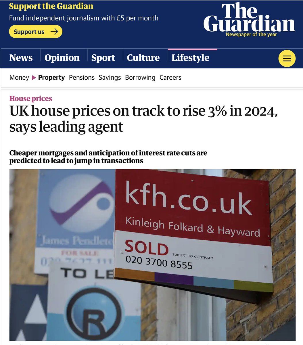 HenryPryor's tweet image. Having previously predicted a fall of 4% this year @knightfrank researchers have executed the fastest U-turn on record &amp;amp; now think prices will rise by 3%! theguardian.com/money/2024/jan…