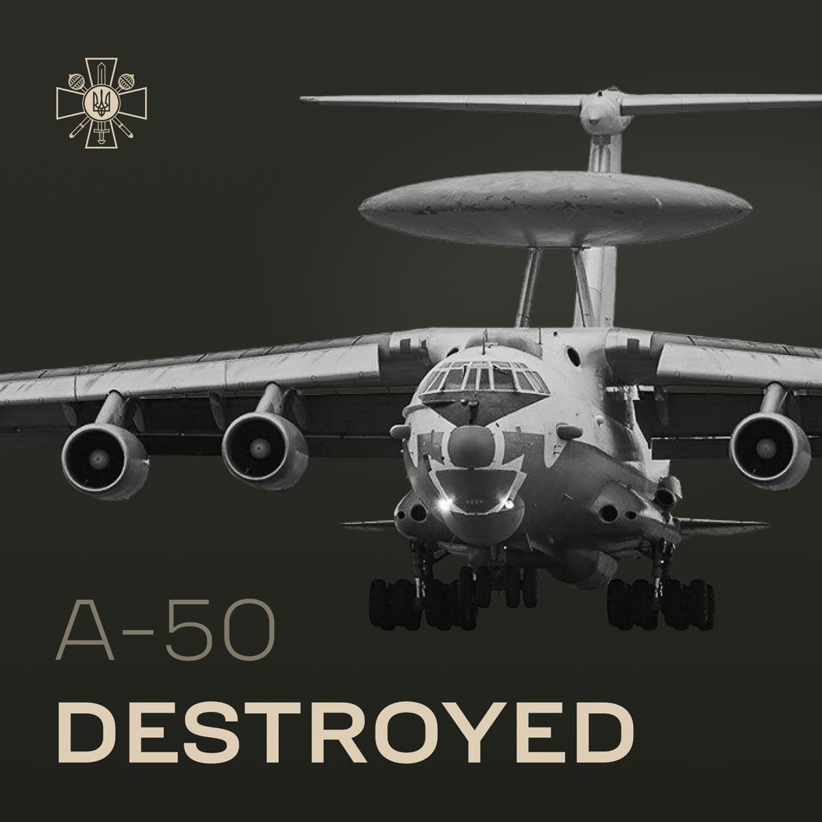 The Ukrainian Air Forces destroyed the enemy A-50 long-range radar detection and control aircraft, worth $330 million, and the Il-22 enemy air control center. Great job, warriors! Ukraine will win!