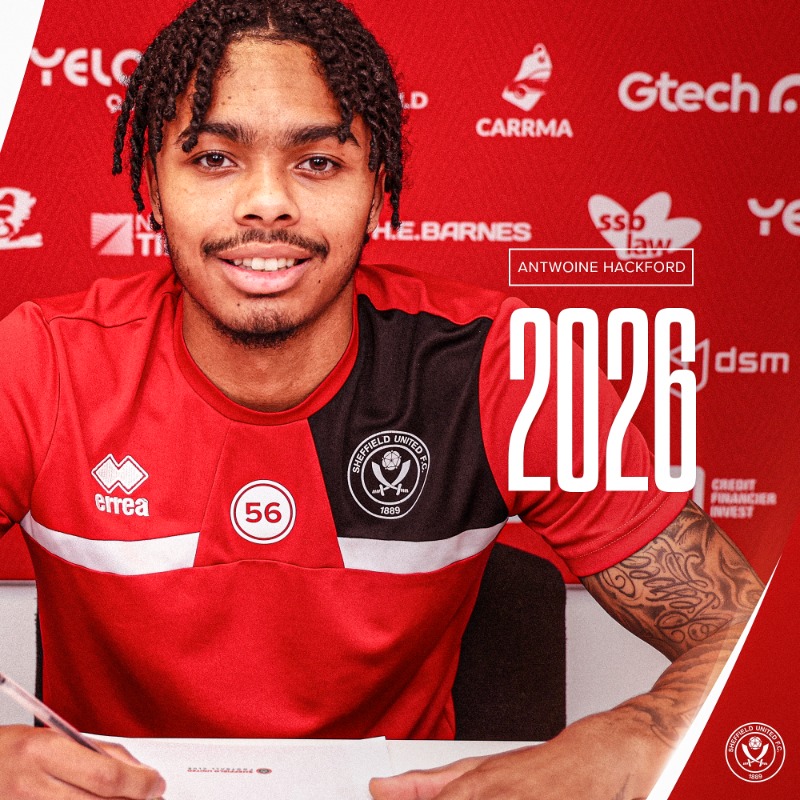 SheffieldUnited's tweet photo. Arbourthorne born Antwoine Hackford has signed a new contract until the summer of 2026 🙌