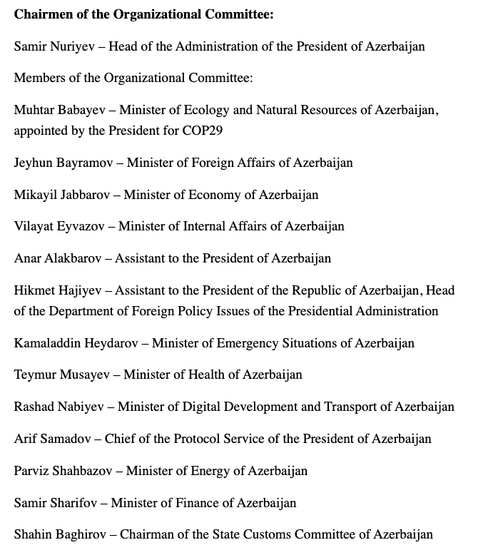 LeoHickman's tweet photo. The president of Azerbaijan, Ilham Aliyev, has just signed a "decree" establishing an "organisational committee" for COP29, which the nation is hosting later this year.

The committee features...

Men: 28
Women: 0

https://t.co/9CeQBAKXGE https://t.co/C0lDulL0eX