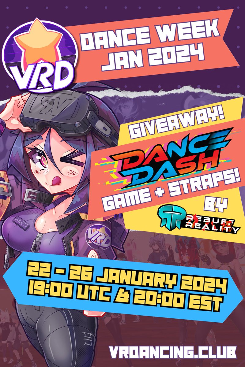 VRD_Official's tweet photo. Get ready for the first dance week of 2024!

Join for a chance at the Dance Dash giveaway by @RebuffReality!

Come dance every evening, both EU &amp; NA Timezones, with 2XP reward each day!

More info at: https://t.co/cjoLKxbYBi 
#VRChat #VR #VRDancing #Dancing https://t.co/4sHjx1Gi7i