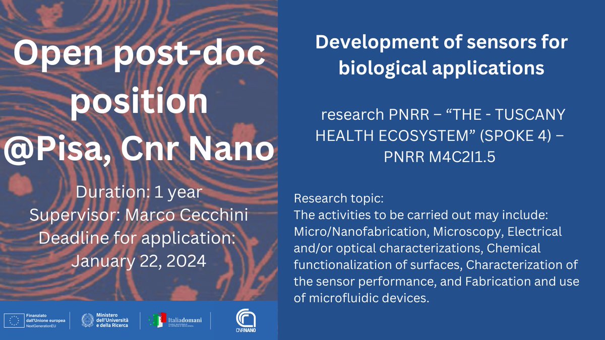 Cnr_Nano's tweet photo. 📢📢📢One week left to apply for a #PostDoc position at @Cnr_Nano in #Pisa:
📌Topic:  sensors for biomedical applications
⌛️Deadline: January 22
ℹ️Details: https://t.co/7acui83OL8

#hiring #jobalert @CNRsocial_ https://t.co/MRayPAtxBW