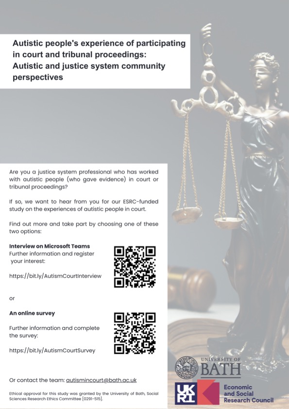 We are seeking legal professionals (barristers, judges, intermediaries etc) with experience of working with autistic adults in court/tribunals to take part in a research study interview. Info/take part: bit.ly/AutismCourtInt… autismincourt@bath.ac.uk @TheCriminalBar pls repost