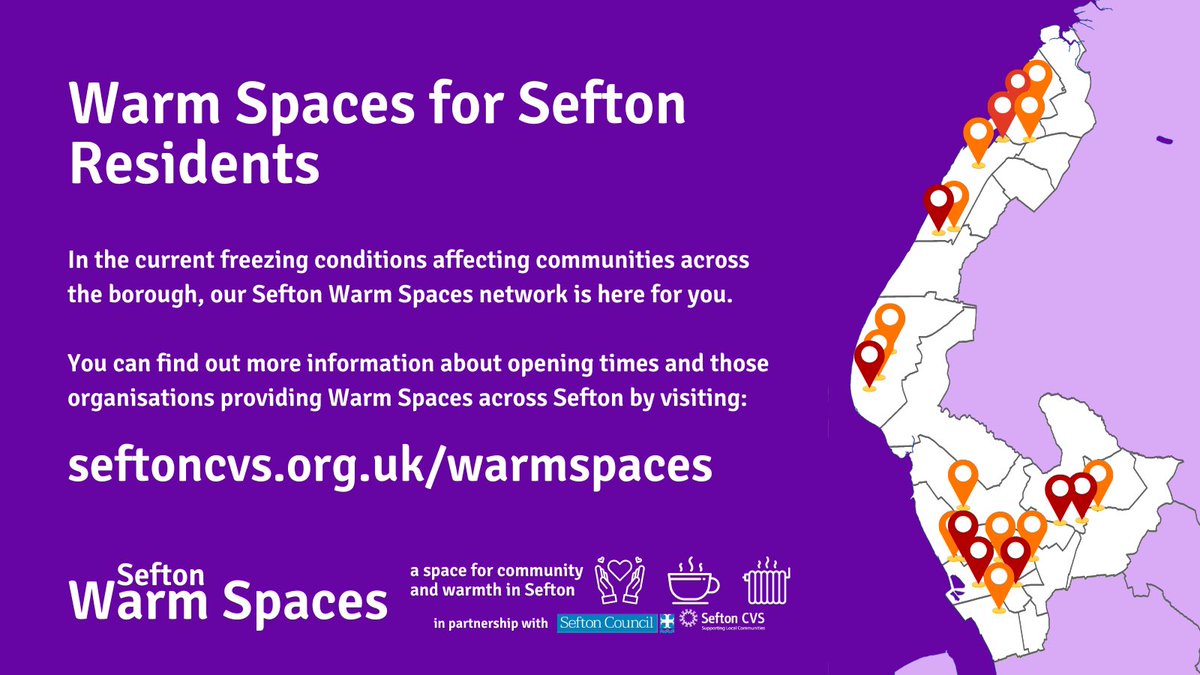 SeftonCVS's tweet photo. Our #Sefton Warm Spaces are here for you during the current freezing conditions in #Sefton βοΈ
Enhanced Hubs also provide a chance to connect with others over a hot drink this #BrewMonday βοΈ
Find your nearest Warm Space;
β‘οΈ https://t.co/GDoBiDkf2a
#SeftonWarmSpaces #MySefton https://t.co/grXvd6fm24