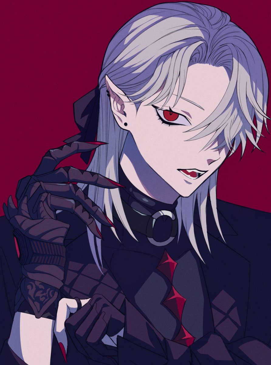 red eyes gloves solo pointy ears 1boy hair over one eye jewelry  illustration images