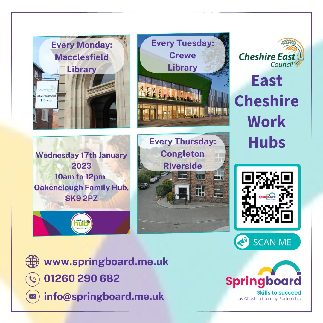 WHERE TO FIND US across Cheshire East this week. On Wednesday, we will be holding a pop-up work hub at Oakenclough Family Hub, SK9 2PZ. Call 01260 290 682 for further information/to book an appointment.