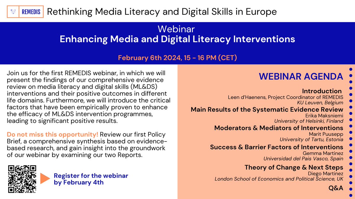 📢Join us for our first REMEDIS webinar, in which we will present the findings from our evidence review on media literacy and digital skills interventions. 
🗓️ February 6th 2024
⏰ 15 - 16 PM (CET) 
👉 Webinar registration: link.webropolsurveys.com/Participation/…
